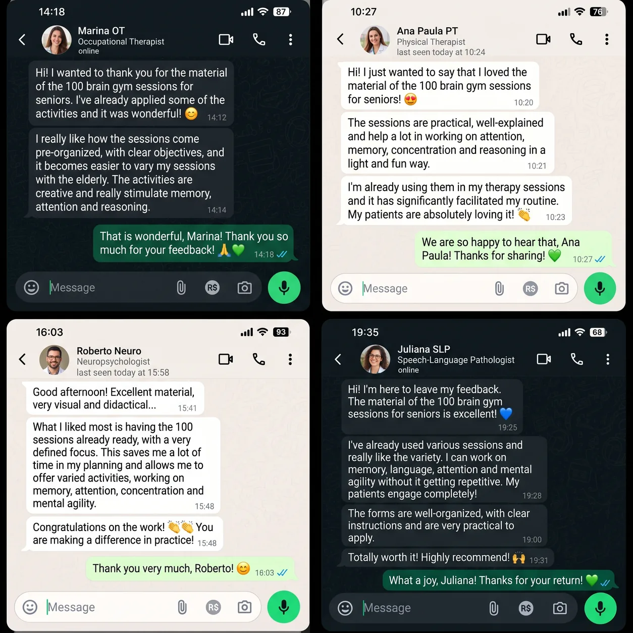 Professional testimonials about the 100 Brain Fitness Sessions